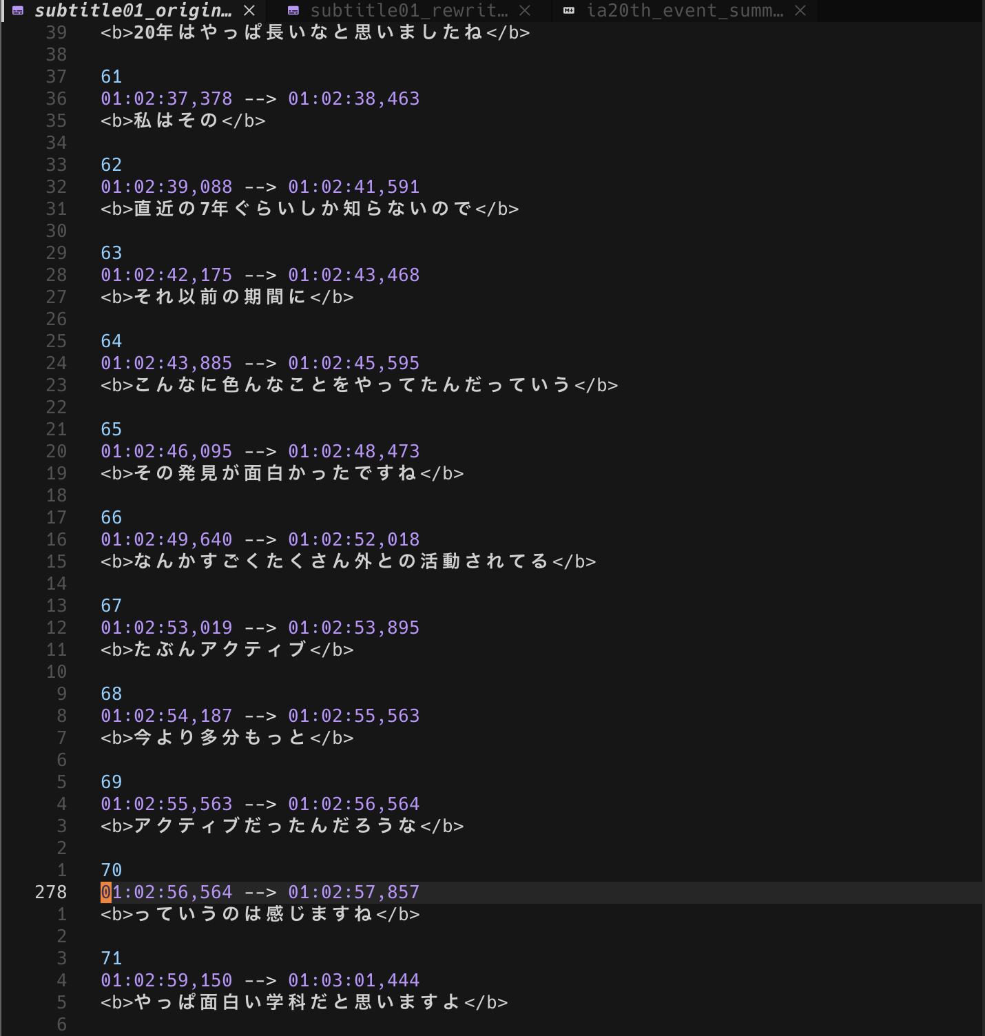 話者情報を含まないオリジナルの字幕データ